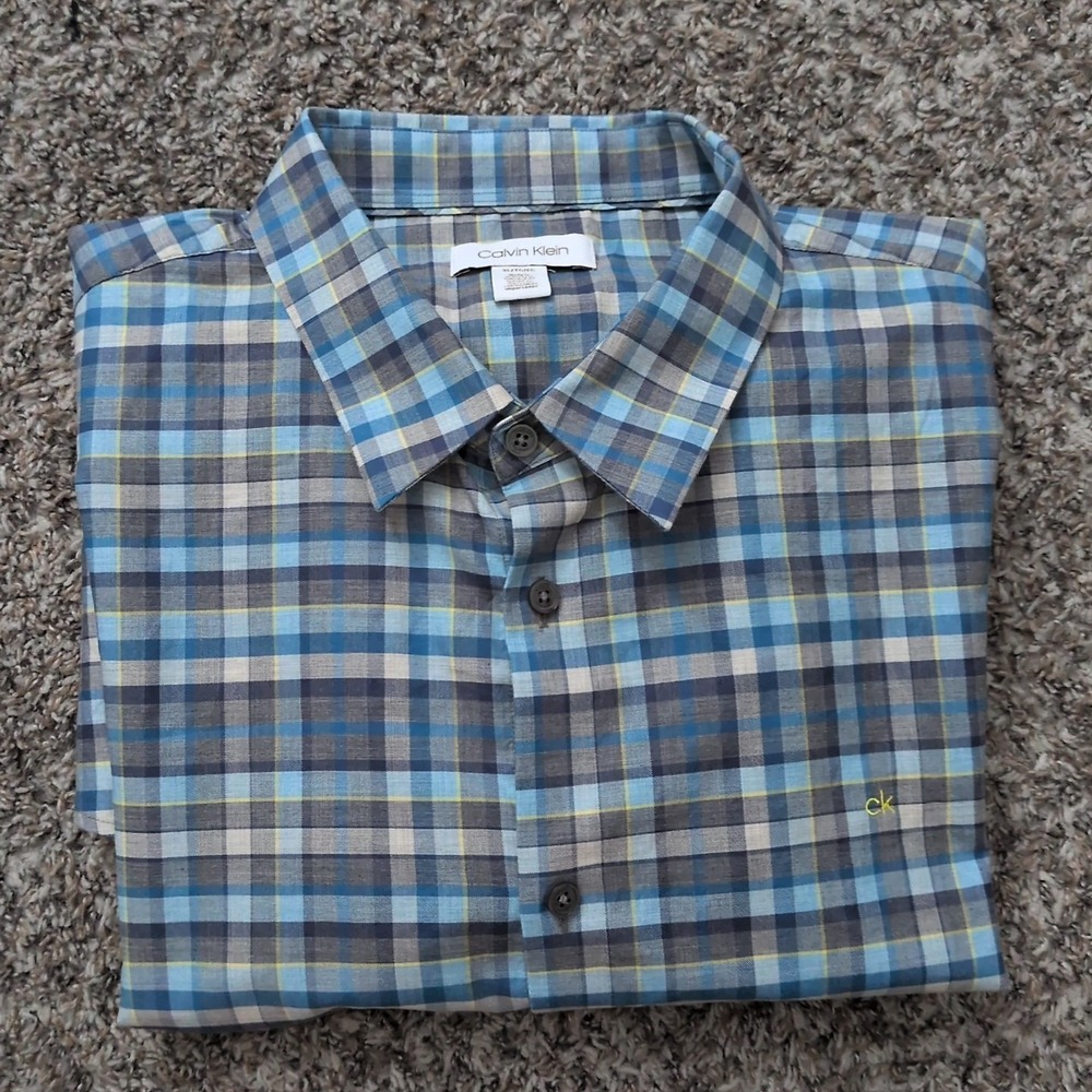 Calvin Klein Shirt Mens XL Blue Plaid Long Sleeve Button Up 100%‎ Cotton Collard